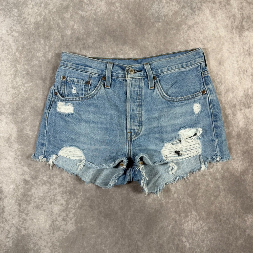 Levis 501 Original Distressed Denim Cut Off Shorts Light Wash W27 Button Fly